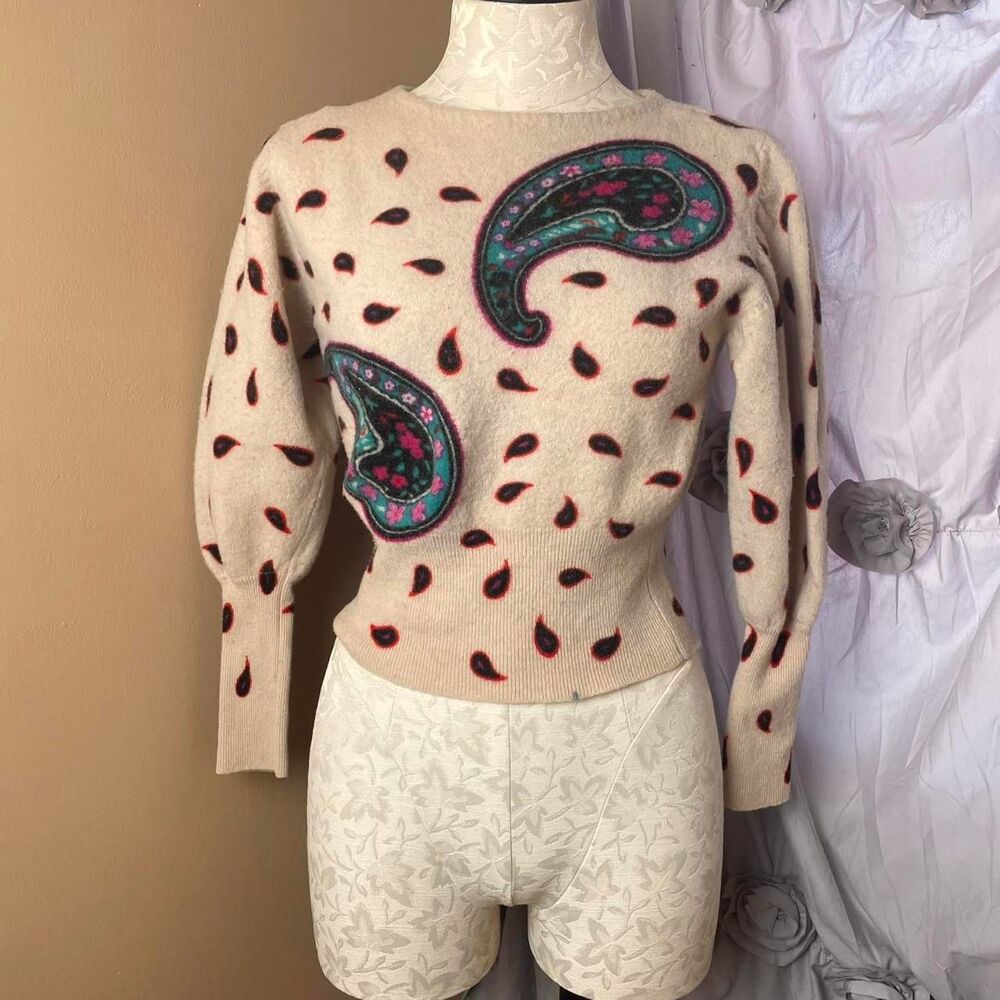 bonnie boerer vintage blue paisley 100% wool cream colored sweater size xs